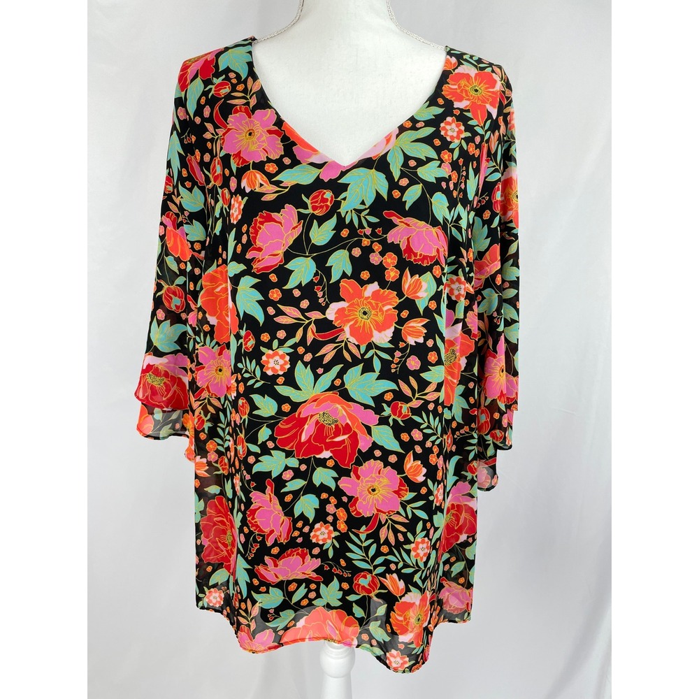 Lane Bryant Blouse 14/16L Floral Ruffle Bell Sleeve V-Neck Black Orange Tunic